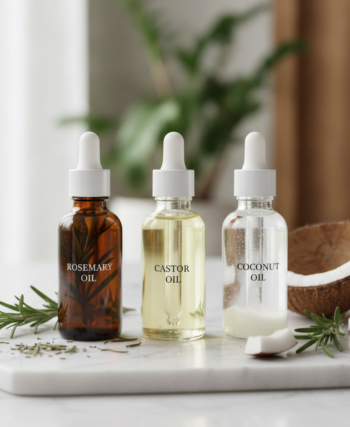 Bottles of rosemary, castor, and coconut oil for hair growth on a light wooden surface