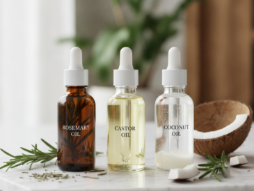 Bottles of rosemary, castor, and coconut oil for hair growth on a light wooden surface