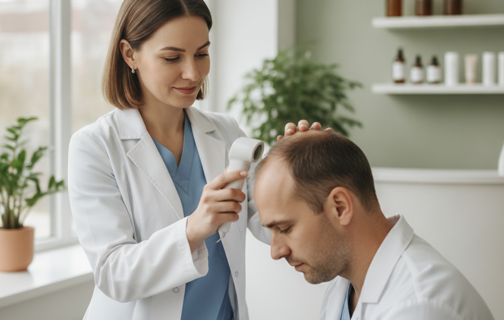 Doctor examining a patient's scalp during a hair loss consultation