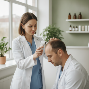 Doctor examining a patient's scalp during a hair loss consultation