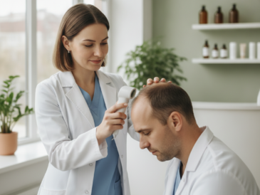 Doctor examining a patient's scalp during a hair loss consultation