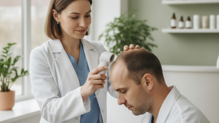 Doctor examining a patient's scalp during a hair loss consultation