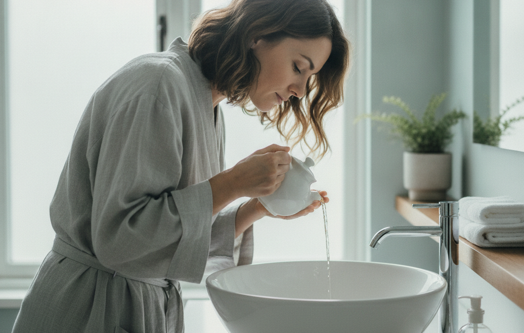 Person using saline nasal irrigation for sinus congestion relief