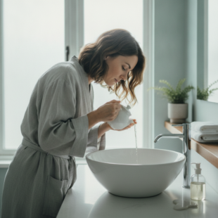 Person using saline nasal irrigation for sinus congestion relief