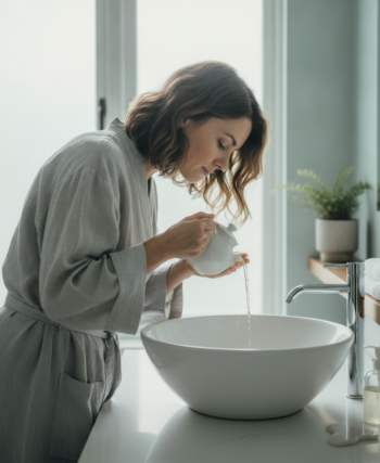 Person using saline nasal irrigation for sinus congestion relief