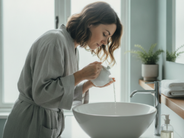 Person using saline nasal irrigation for sinus congestion relief