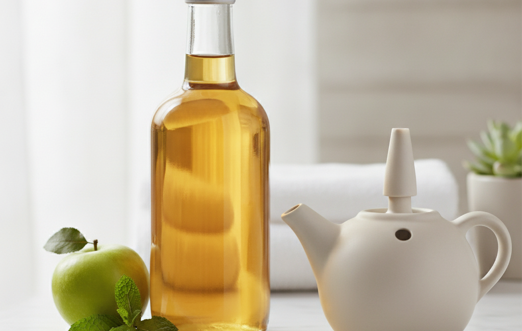 Apple cider vinegar bottle next to a nasal irrigation neti pot