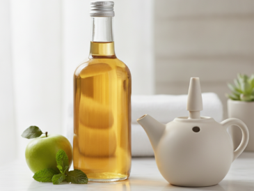 Apple cider vinegar bottle next to a nasal irrigation neti pot
