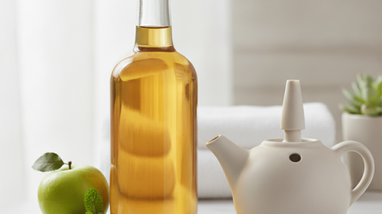 Apple cider vinegar bottle next to a nasal irrigation neti pot