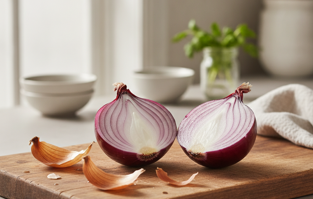 Sliced onion on a cutting board, a common folk remedy for sinus congestion