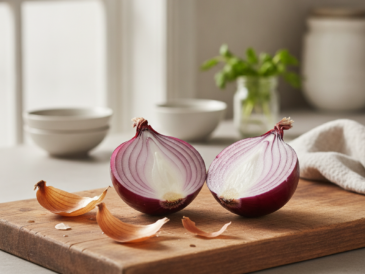 Sliced onion on a cutting board, a common folk remedy for sinus congestion