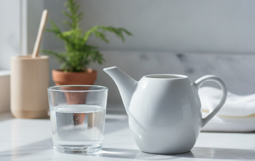 Neti pot used for saline nasal irrigation to relieve sinus congestion