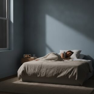 A person sleeping peacefully in a dark bedroom with a bedside clock