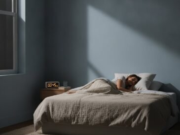 A person sleeping peacefully in a dark bedroom with a bedside clock
