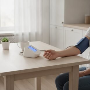 A home blood pressure monitor cuff on a person's upper arm at a kitchen table