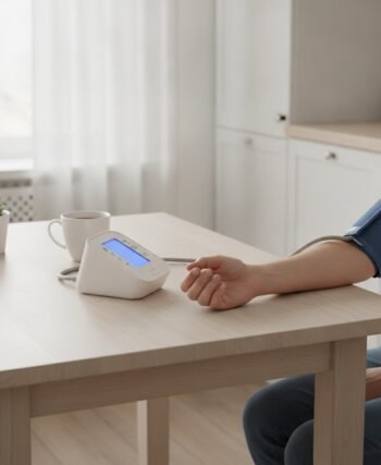 A home blood pressure monitor cuff on a person's upper arm at a kitchen table