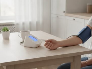 A home blood pressure monitor cuff on a person's upper arm at a kitchen table