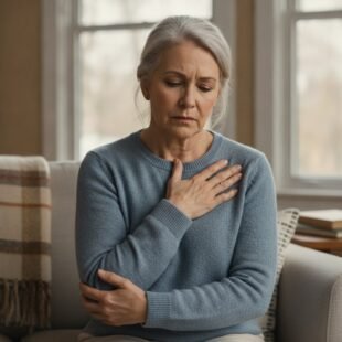 An older woman resting her hand on her chest looking uncomfortable while seated
