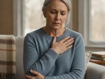An older woman resting her hand on her chest looking uncomfortable while seated