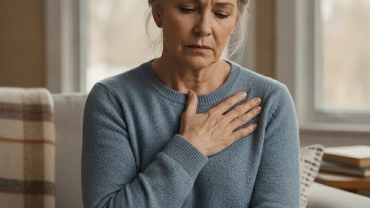 An older woman resting her hand on her chest looking uncomfortable while seated