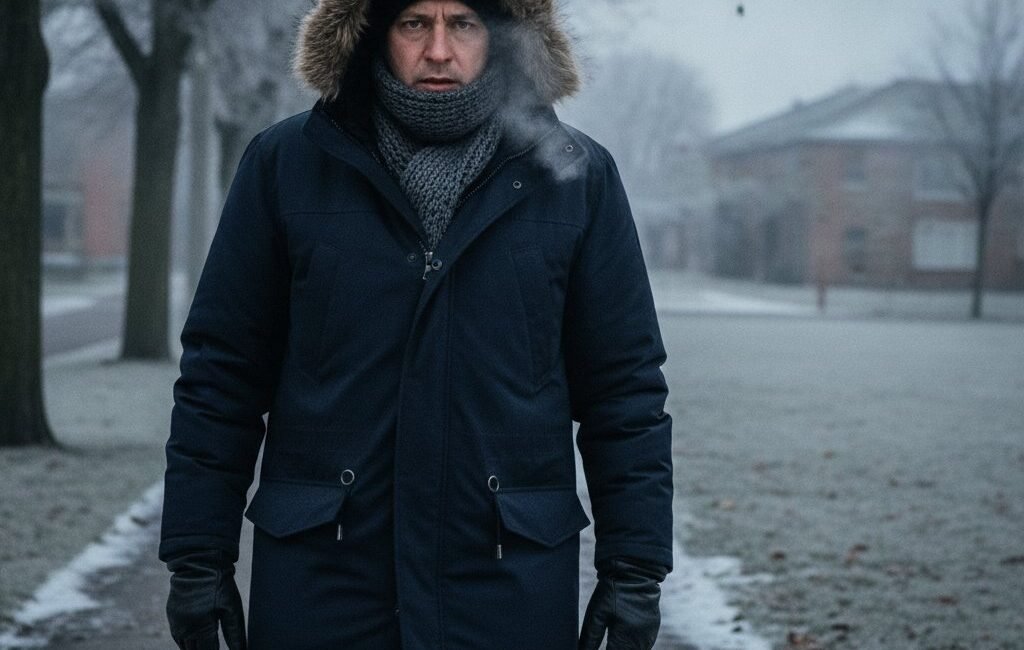 A person in a warm coat and scarf walking outdoors on a cold winter morning