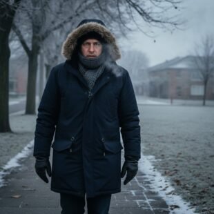 A person in a warm coat and scarf walking outdoors on a cold winter morning