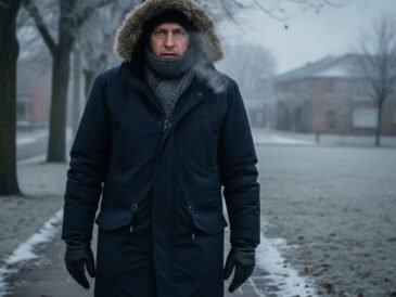 A person in a warm coat and scarf walking outdoors on a cold winter morning