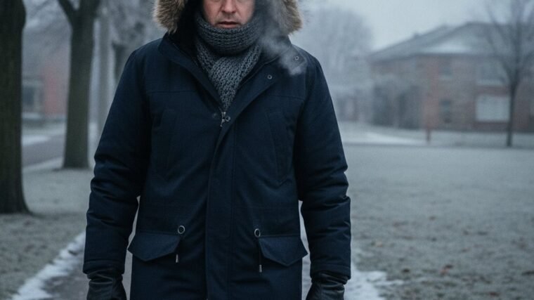 A person in a warm coat and scarf walking outdoors on a cold winter morning