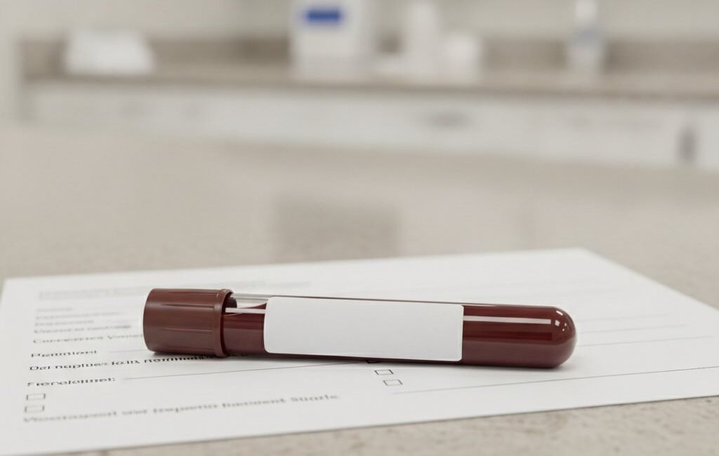 A blood sample tube and lab request form representing a ferritin test