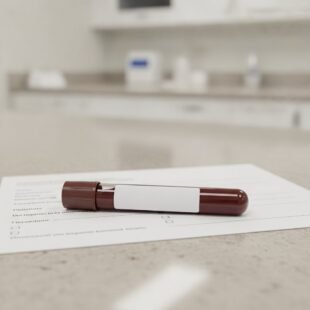 A blood sample tube and lab request form representing a ferritin test