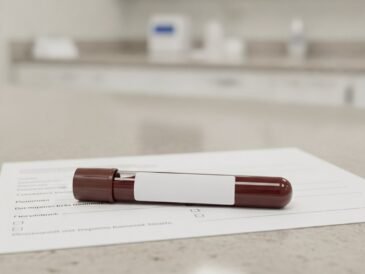 A blood sample tube and lab request form representing a ferritin test