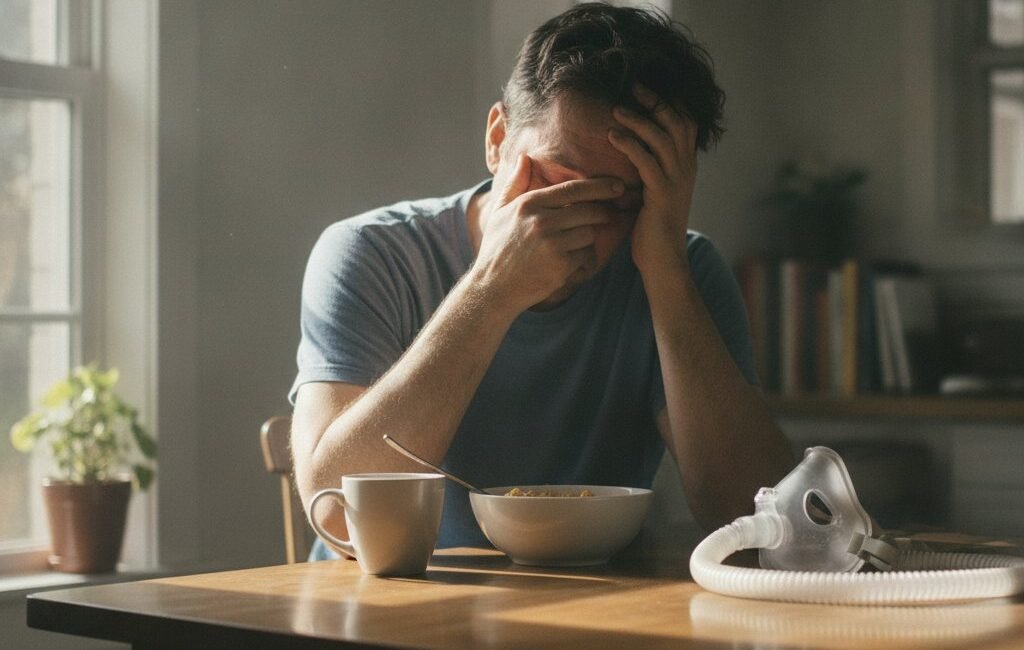 A person looking tired at a breakfast table despite a full night's sleep