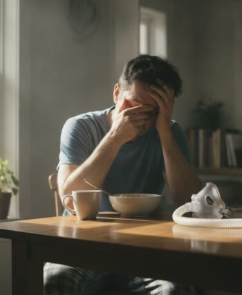 A person looking tired at a breakfast table despite a full night's sleep