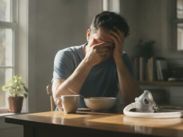 A person looking tired at a breakfast table despite a full night's sleep