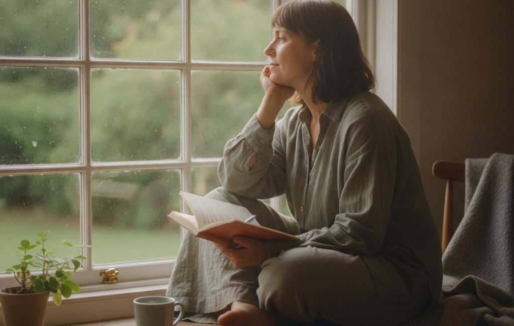 A person sitting quietly with a journal, looking thoughtful rather than anxious