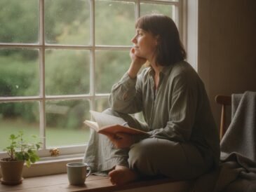 A person sitting quietly with a journal, looking thoughtful rather than anxious
