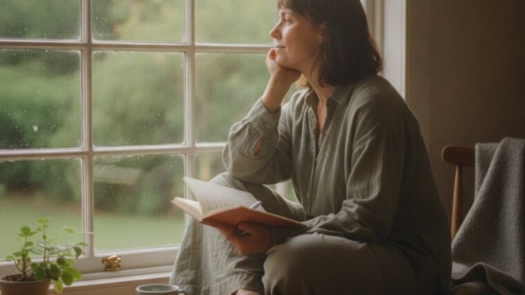 A person sitting quietly with a journal, looking thoughtful rather than anxious