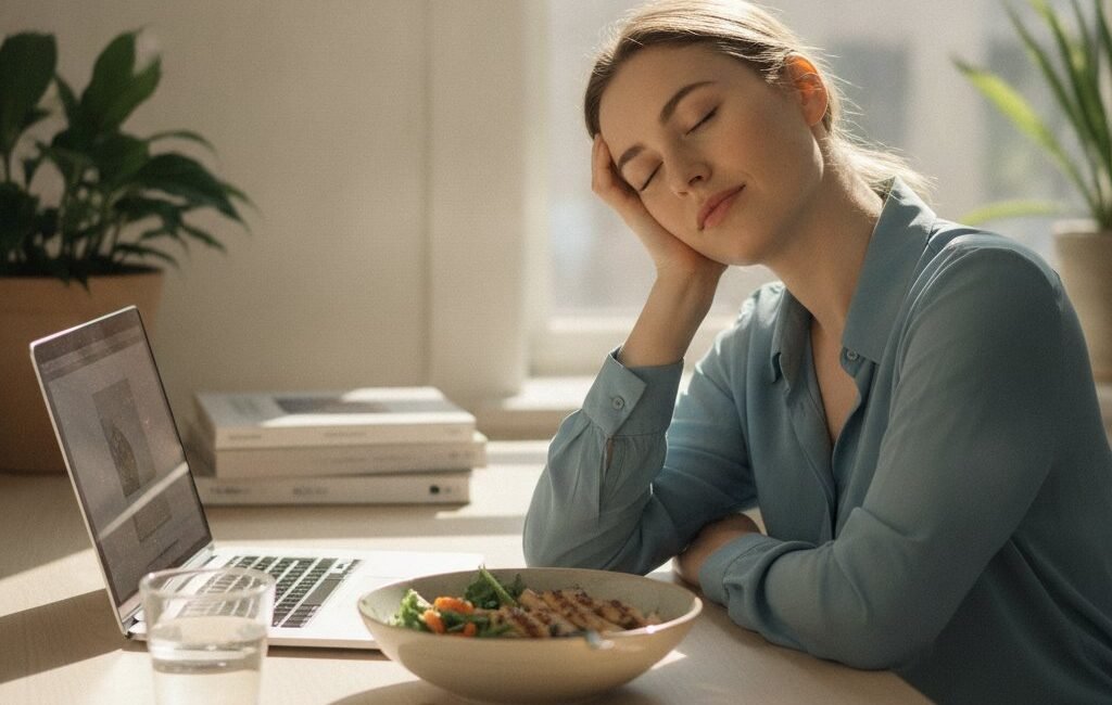 Person feeling drowsy at their desk in the early afternoon after lunch