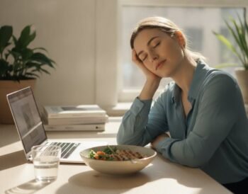 Person feeling drowsy at their desk in the early afternoon after lunch