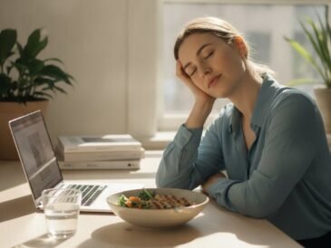 Person feeling drowsy at their desk in the early afternoon after lunch