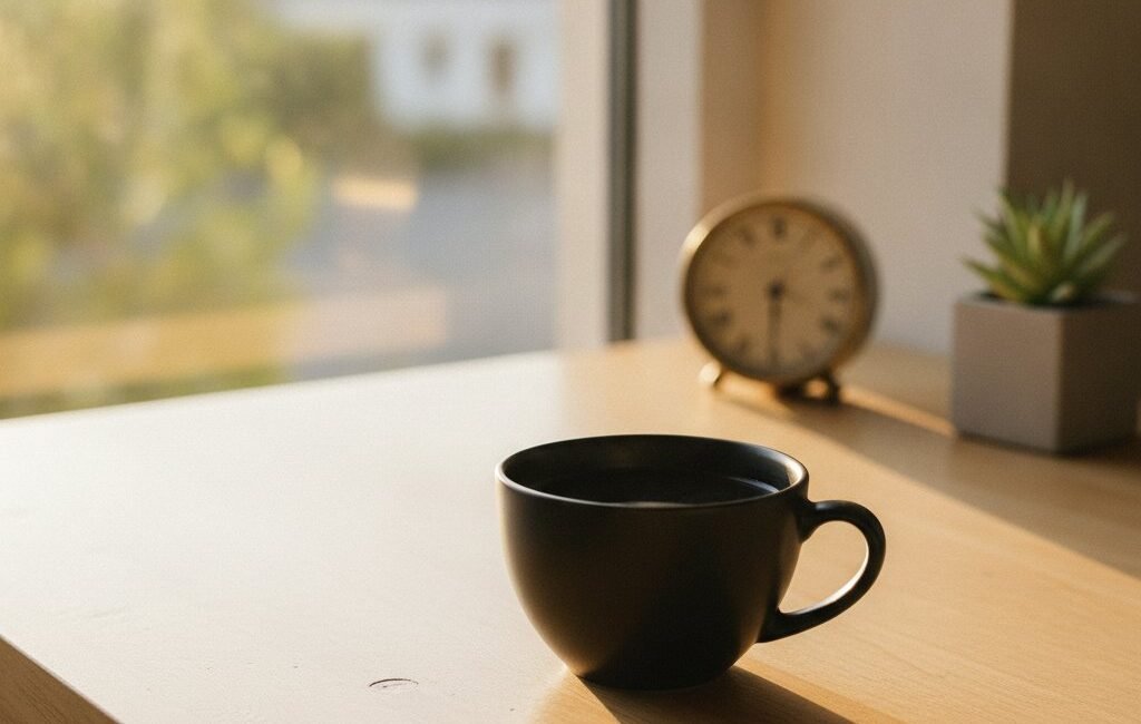 Cup of coffee on a desk in late-afternoon light, illustrating caffeine timing and energy