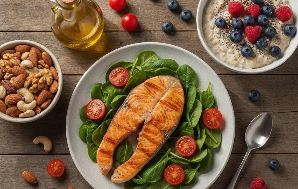 Heart-healthy foods including salmon, nuts, olive oil, leafy greens, berries and oats on a wooden table