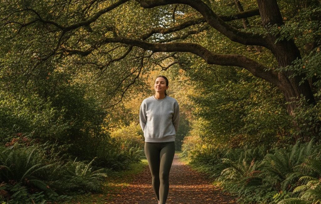 Person taking a gentle, low-intensity walk in a park in morning light