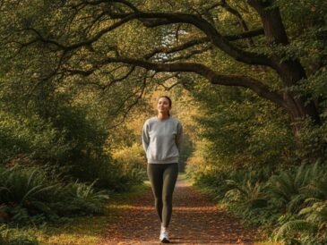 Person taking a gentle, low-intensity walk in a park in morning light
