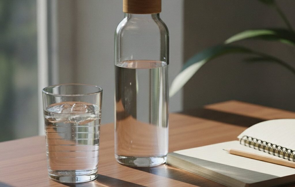 Glass of water and a water bottle on a sunlit desk, a reminder to stay hydrated to fight tiredness