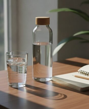 Glass of water and a water bottle on a sunlit desk, a reminder to stay hydrated to fight tiredness