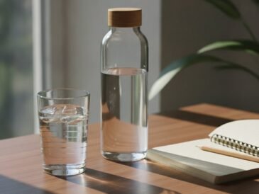 Glass of water and a water bottle on a sunlit desk, a reminder to stay hydrated to fight tiredness
