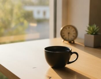 Cup of coffee on a desk in late-afternoon light, illustrating caffeine timing and energy