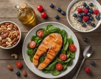 Heart-healthy foods including salmon, nuts, olive oil, leafy greens, berries and oats on a wooden table