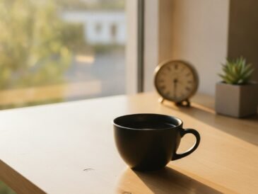Cup of coffee on a desk in late-afternoon light, illustrating caffeine timing and energy